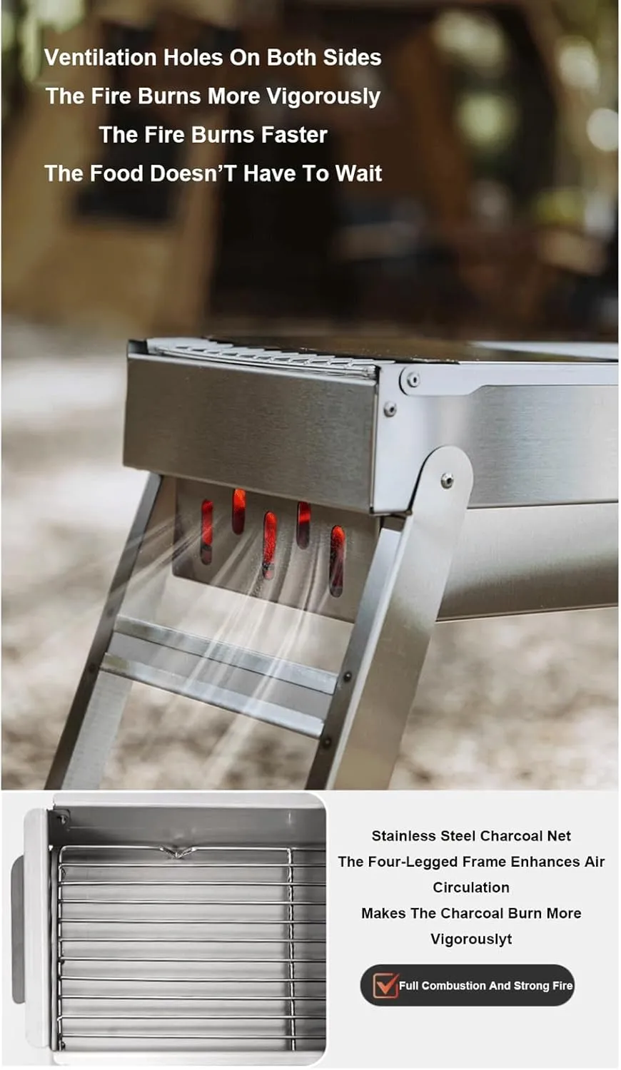 Portable Charcoal Grill Foldable Stainless Steel Barbecue Grill Outdoor Folding Bbq Grill with Side Shelves for Travel Cooking Camping Picnic