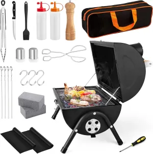 Portable Charcoal Grill Set of 23, HaSteeL Small Compact BBQ Grill, Mini Folding Outdoor Grill with Chimney, Tabletop Grill & Grilling Accessories for Barbecue Camping, Screwdriver & Thermometer