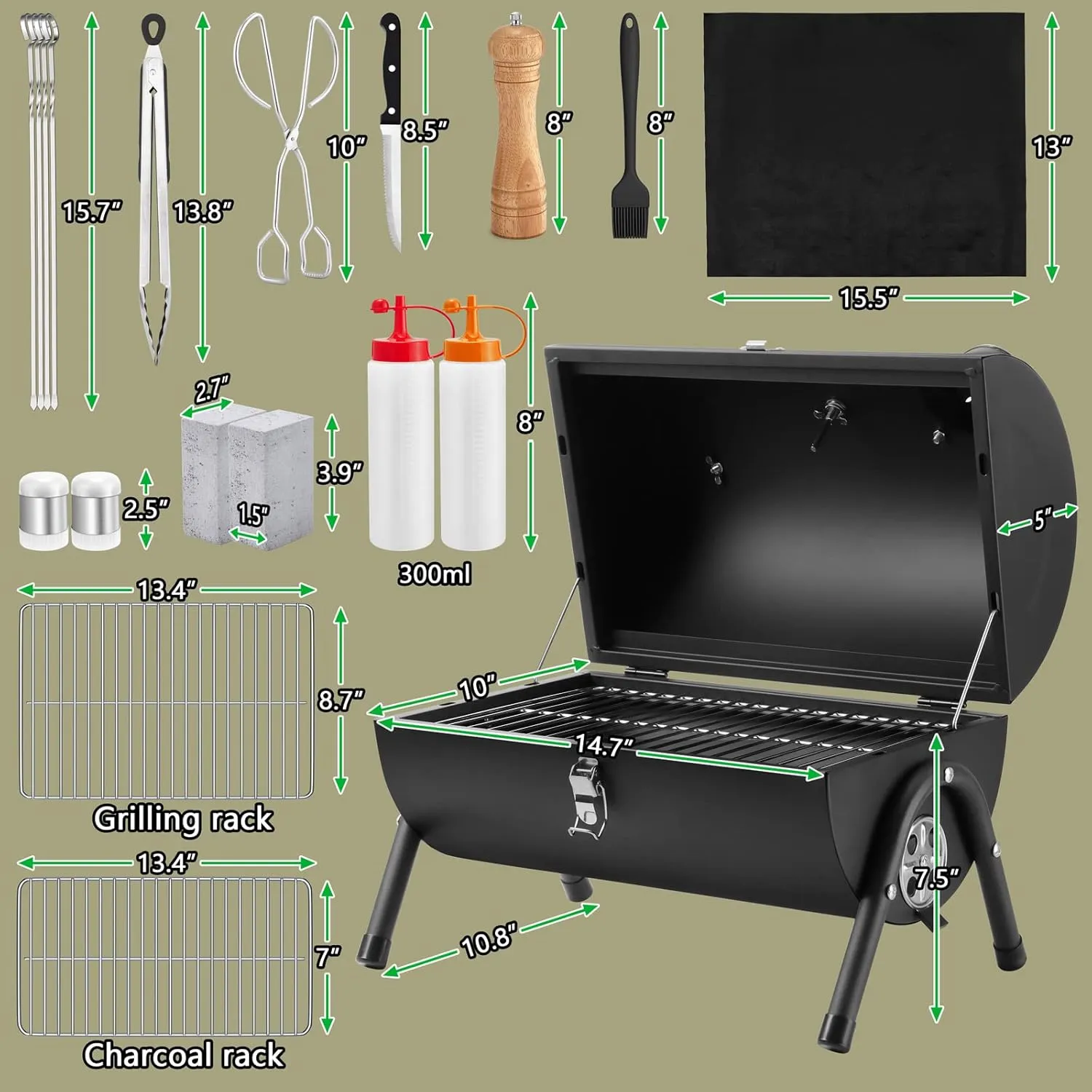 Portable Charcoal Grill Set of 23, HaSteeL Small Compact BBQ Grill, Mini Folding Outdoor Grill with Chimney, Tabletop Grill & Grilling Accessories for Barbecue Camping, Screwdriver & Thermometer