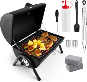 Portable Charcoal Grill Set of 9, HaSteeL Small Compact BBQ Grill, Mini Folding Outdoor Grill with Chimney, Tabletop Grill & Grilling Accessories for Barbecue Camping Picnic, Screwdriver & Thermometer