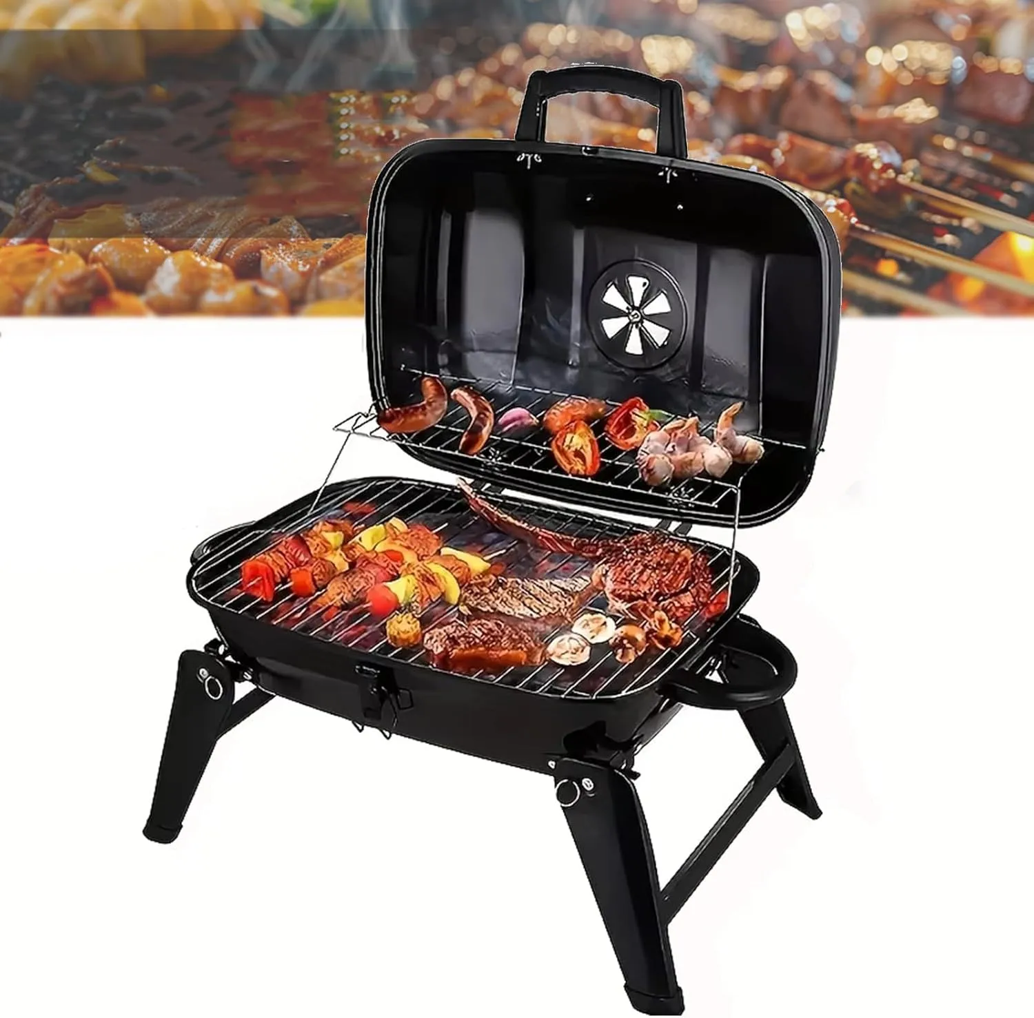 Portable Charcoal Grill, Small Grills and Smokers Folding Tabletop Grills, Camping Barbecue Grill, Easy Assembly Carry for Outdoor Cooking Home Patio BBQ Grilling Backyard Picnics Party