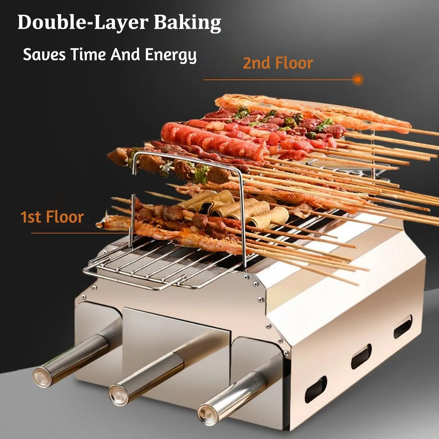 Portable Charcoal Grill with Pull-Out Charcoal Basin, Stainless Steel BBQ Grill, Compact Camping BBQ with Charcoal Clip, Skewers, for Camping, Party, Backyard(42 * 26.0cm/16.5 * 10.2in)