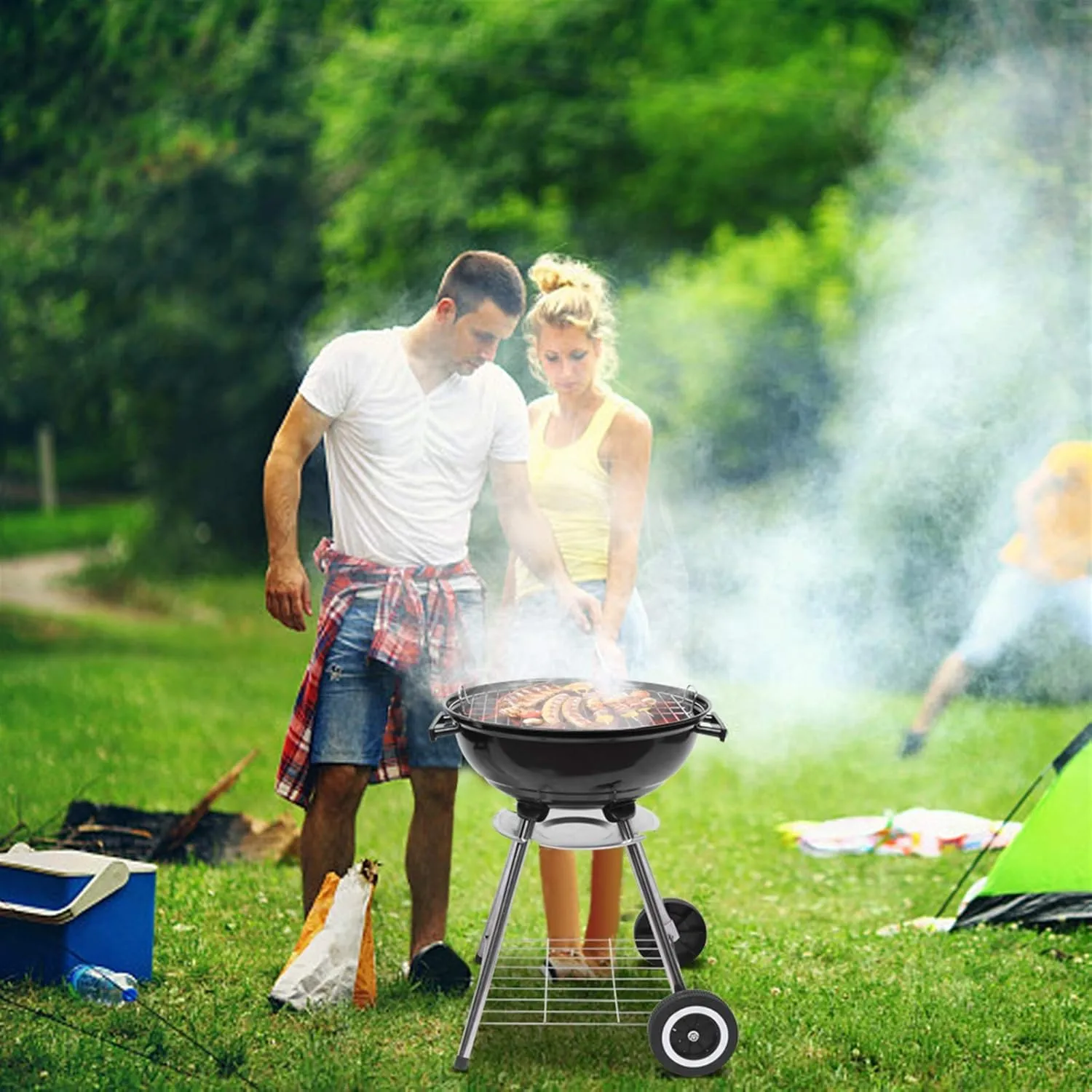 Portable Charcoal Grill with Wheels and Storage Holder, Porcelain-Enameled Lid and Ash Catcher & Thermometer, Round Barbecue Kettle Grill Bowl Wheels for Outdoor Party Camping Picnic (18 inch)