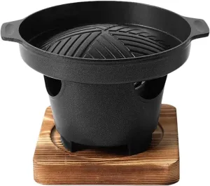 Portable Charcoal Grill with Wooden Mat, Mini Korean BBQ Grill Stovetop for Camping, Hiking, and Outdoor Cooking