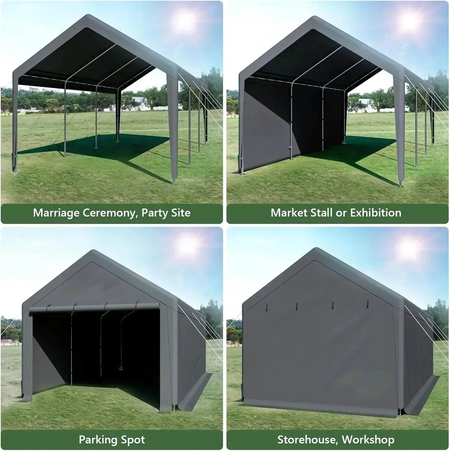 Portable Garage Tent 10x20 Ft Heavy Duty All-Season Steel Canopy (Gray)