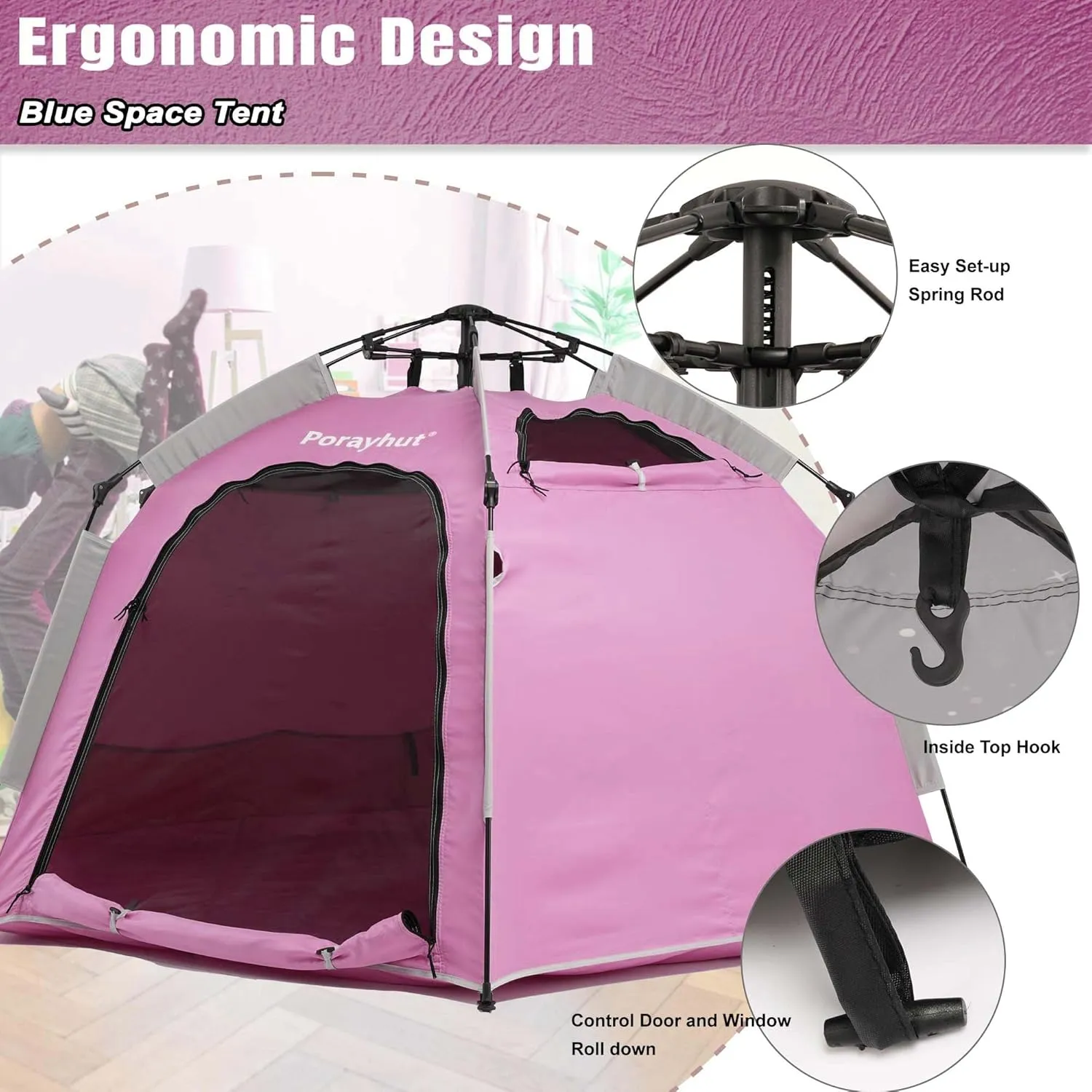 Portable Hexagon Kids Play Tent with LED Strip Lights Indoor Children Play House Easy Set-up Space Dream Tent for Night 4-5 Person & Birthday Gifts