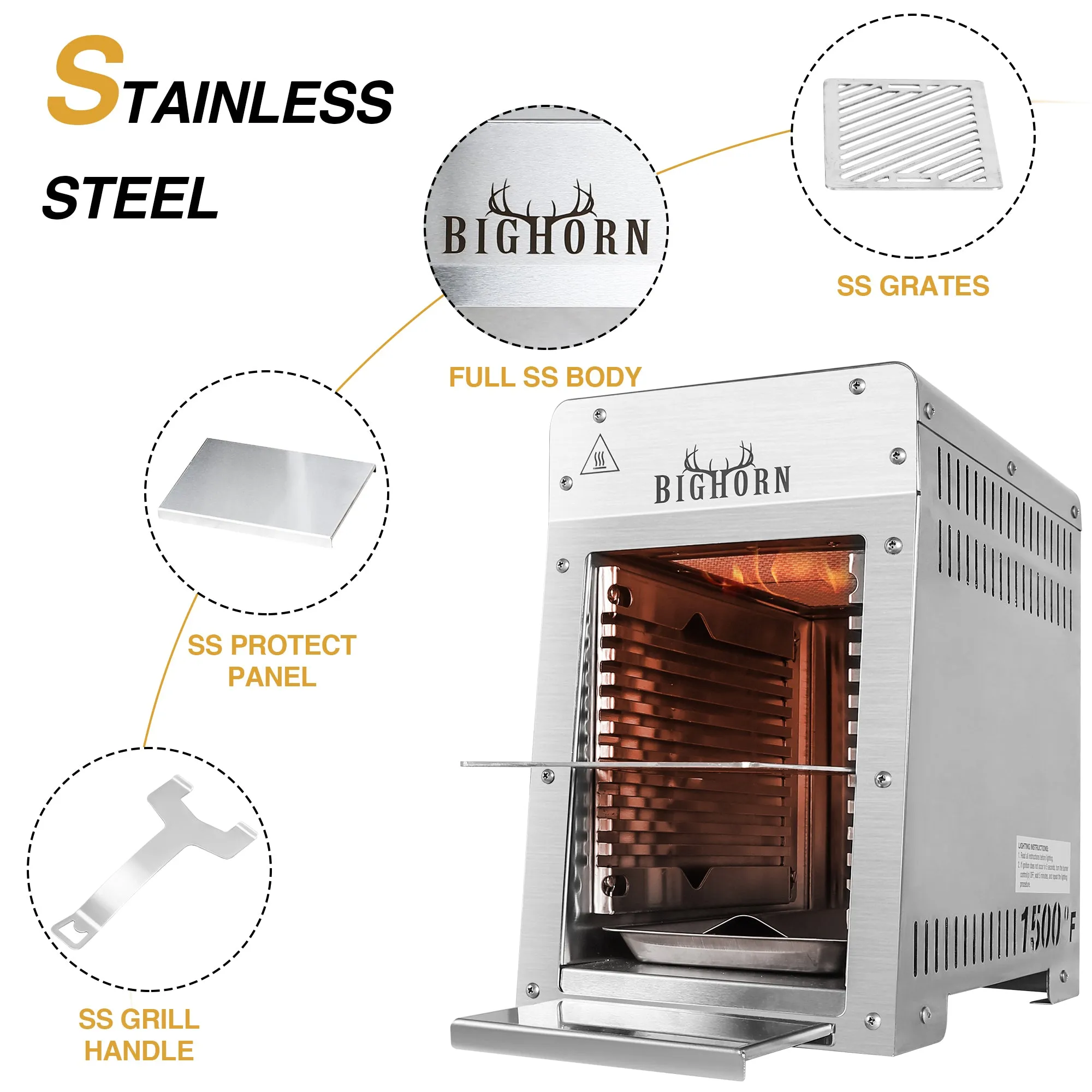 Portable Infrared Broiler Propane Gas Grill, 1500 Degree Stainless Steel Steak Grill
