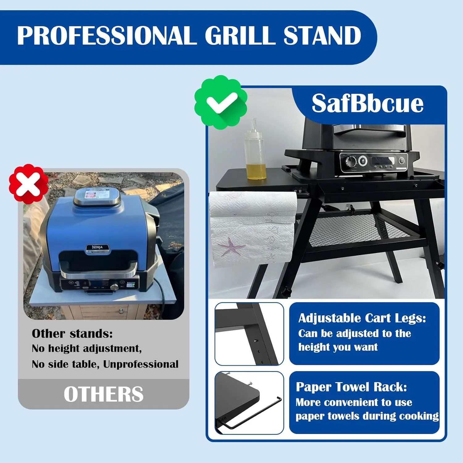 Portable Outdoor Grill Stand with Adjustable Leg for Ninja Woodfire OG900 OG700 OG800 Grill Stand Ninja Woodfire 8-in-1 OO101 Outdoor Pizza Oven Table Grill Cart