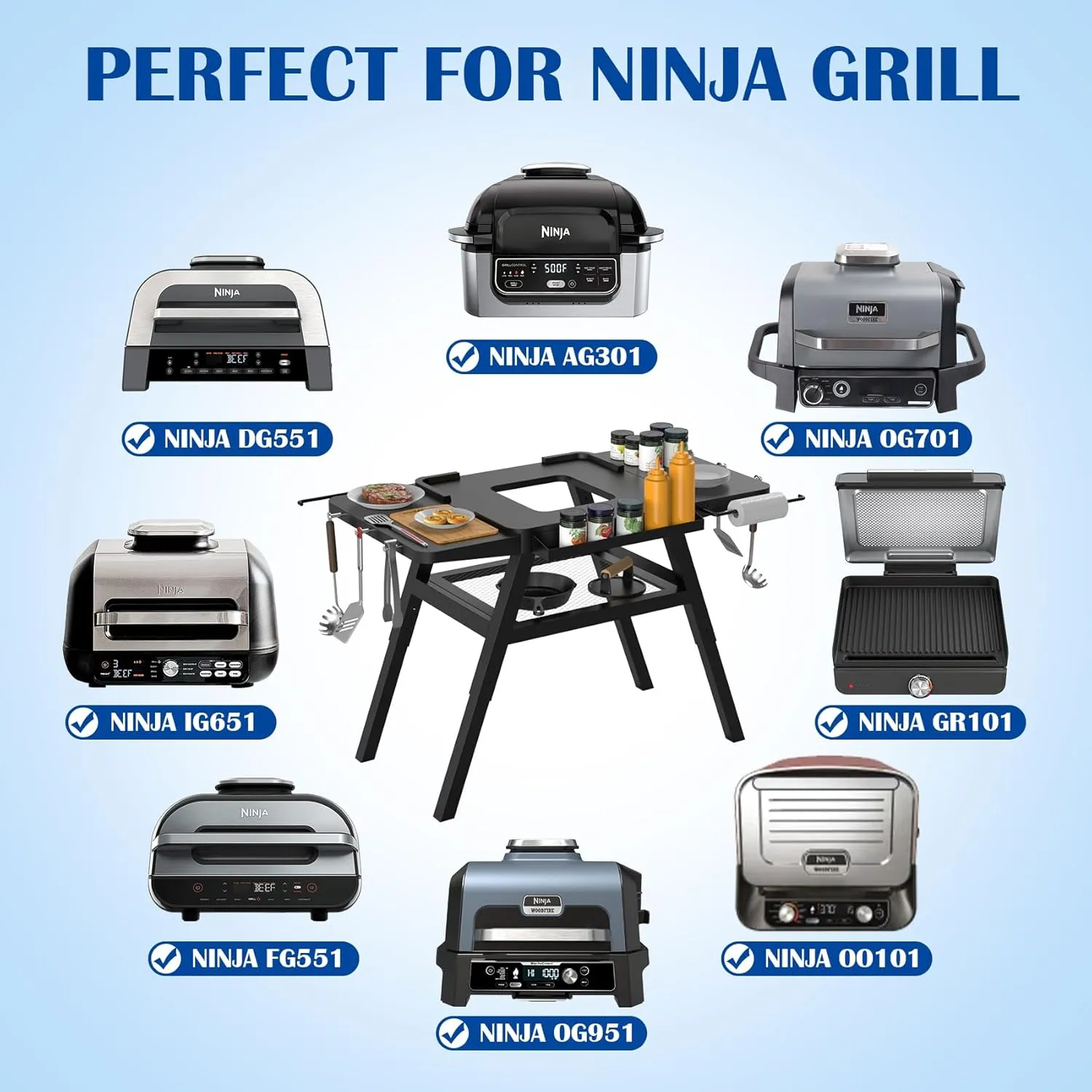 Portable Outdoor Grill Stand with Adjustable Leg for Ninja Woodfire OG900 OG700 OG800 Grill Stand Ninja Woodfire 8-in-1 OO101 Outdoor Pizza Oven Table Grill Cart