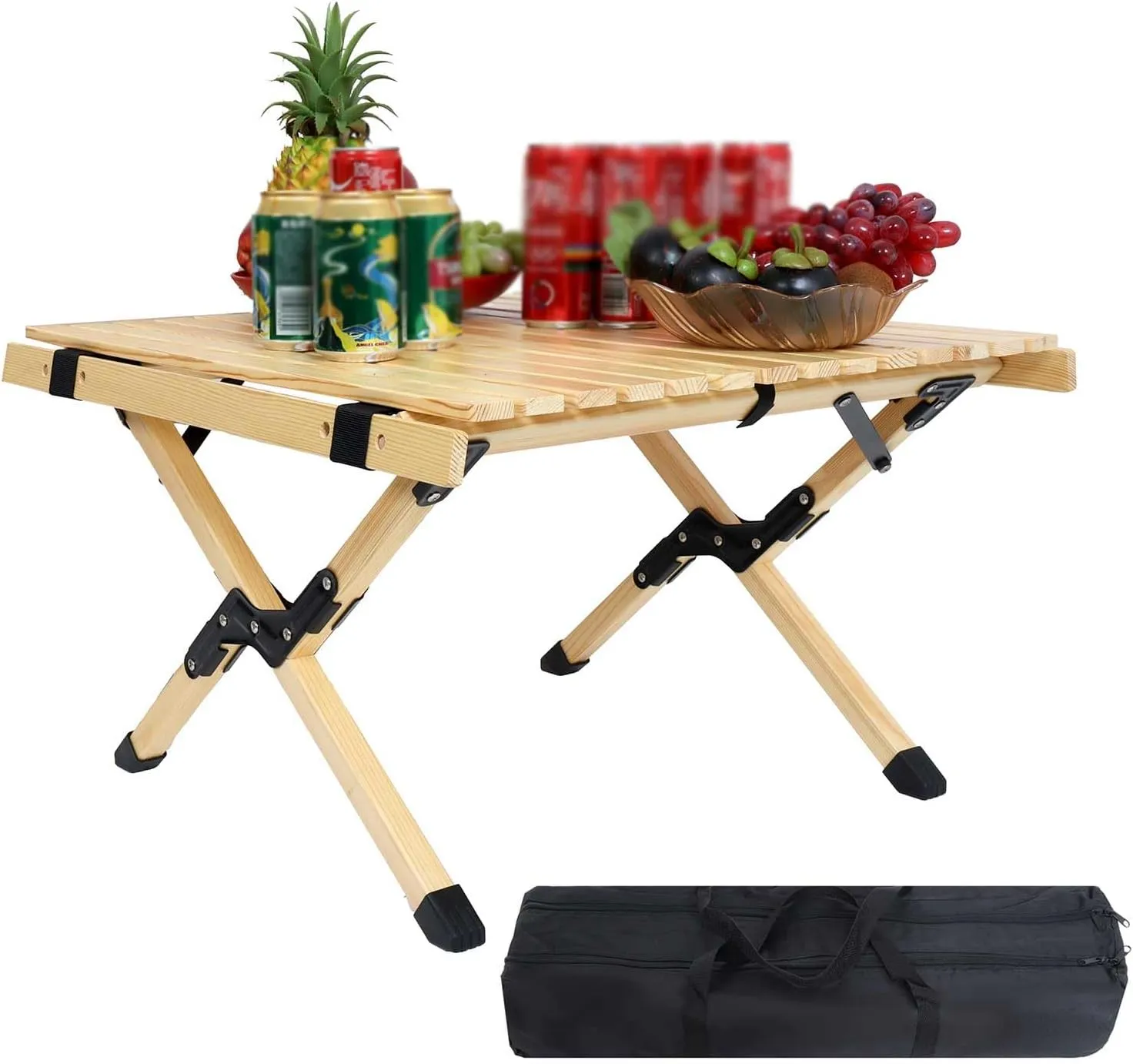 Portable Small Camping Table, Wood Folding Side Table with Carrying Bag, X-Frame Design, Low Picnic Patio Table for Outdoor, Beach, Picnicking, BBQ and Party, 23.6''L x 23.6''W x 14.8''H