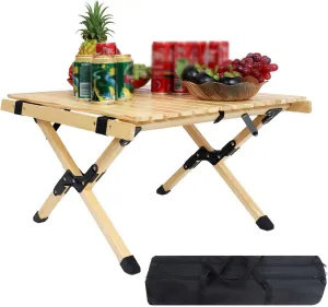 Portable Small Camping Table, Wood Folding Side Table with Carrying Bag, X-Frame Design, Low Picnic Patio Table for Outdoor, Beach, Picnicking, BBQ and Party, 23.6''L x 23.6''W x 14.8''H