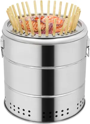 Portable Smokeless BBQ Charcoal Barrel Grill, Stainless Steel Surround Charcoal Kebab Grill with 30 Skewers, BBQ Barrel Stove, 2-In-1 Design for Picnic Camping Traveling Party-Diameter 15.4in