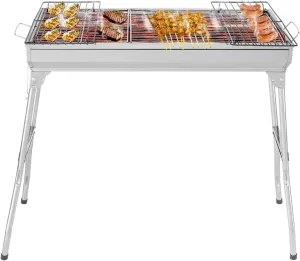 Portable Stainless Steel Charcoal Grill, Folding BBQ Grill and Smoker for Outdoor Cooking, Camping, Hiking, and Picnics