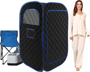 Portable Steam Sauna Tent with Remote Control and 3L Steamer, Folding Chair Included, Black and Blue