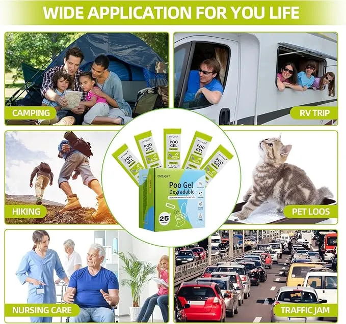 Portable Toilet Absorbent Gel Powder, 25 Pack Poo Gel for Camping Eco Absorbent Gel, Poo Urine Powder for Camping Outdoor Hiking Fast-Acting Gel