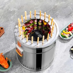 Portable Vertical Charcoal Smoker Grill, Smokeless Outdoor BBQ with Grilling Accessories Set, Stainless Steel Camping Barrel Grill