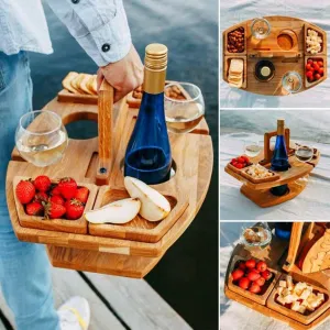 Portable Wine Table, Outdoor Wooden Folding Table with Snack Tray, 2 Wine Glasses Holder, Beach Indoor Snack Bed Table Picnic Tray Tables for Beach Camping RV Outdoor Concerts