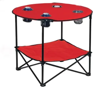 Preferred Nation | 2 Tier Folding Camping Table with 4 Mesh Cup Holders Black | Polyester with Metal Frame | Compact, Convenient Carry Case Included | Side Table for Tailgate, Picnic, Games, Beach