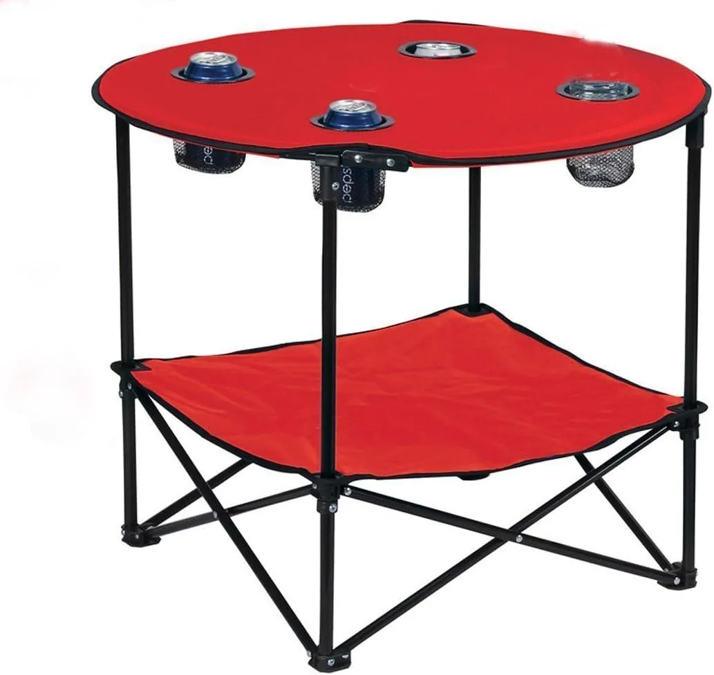 Preferred Nation | 2 Tier Folding Camping Table with 4 Mesh Cup Holders Black | Polyester with Metal Frame | Compact, Convenient Carry Case Included | Side Table for Tailgate, Picnic, Games, Beach