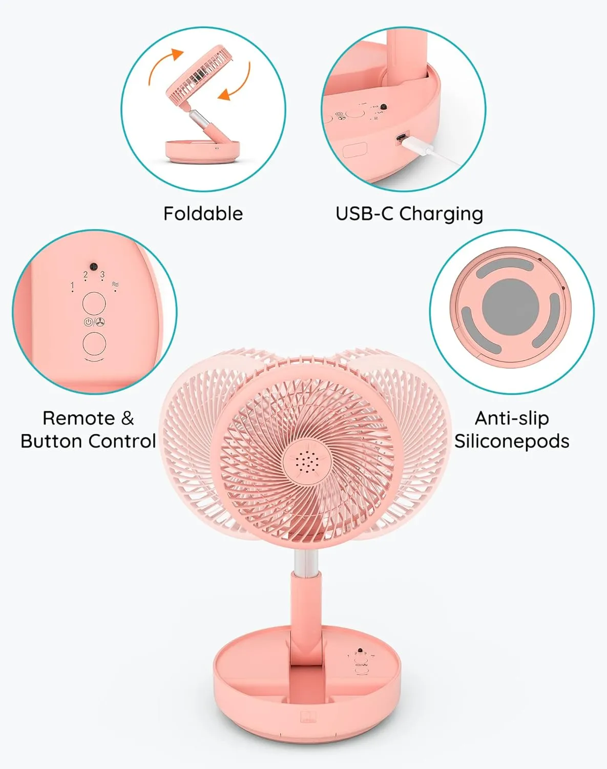 Primevolve Portable Oscillating Standing Fan,Rechargeable Battery Operated USB Floor Table Desk Fan with Remote, Bedroom Camping Travel Fans Pink 7.7"