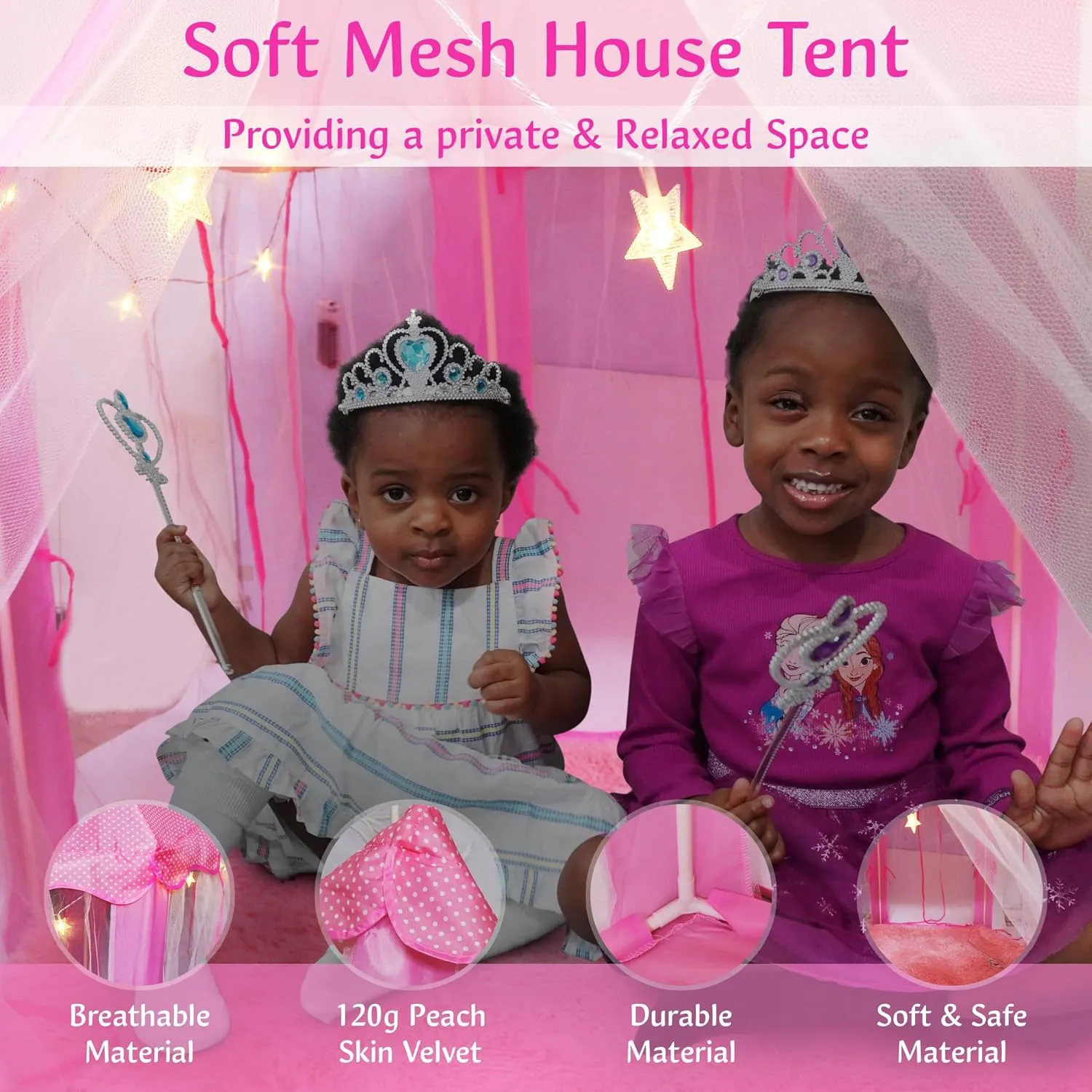Princess Castle Play Tent for Girls - Large 55'' x 53'' Playhouse with Star Lights for Indoor and Outdoor Play with Lights, Crowns, Wands, and Rug (Pink, 55x53 Inch)