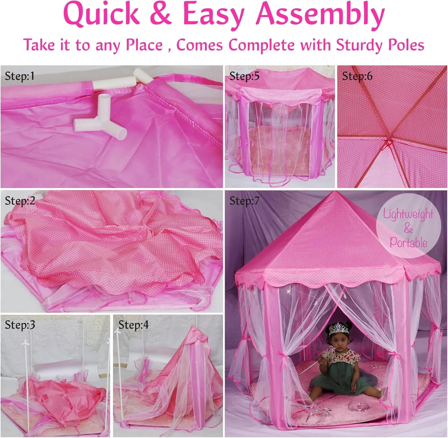 Princess Castle Play Tent for Girls - Large 55'' x 53'' Playhouse with Star Lights for Indoor and Outdoor Play with Lights, Crowns, Wands, and Rug (Pink, 55x53 Inch)