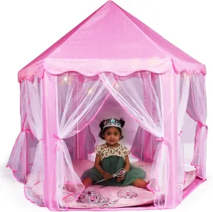 Princess Castle Play Tent for Girls - Large 55'' x 53'' Playhouse with Star Lights for Indoor and Outdoor Play with Lights, Crowns, Wands, and Rug (Pink, 55x53 Inch)
