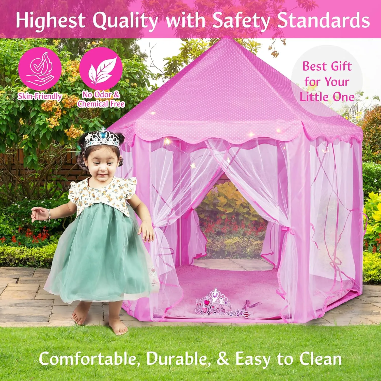 Princess Castle Play Tent for Girls - Large 55'' x 53'' Playhouse with Star Lights for Indoor and Outdoor Play with Lights, Crowns, Wands, and Rug (Pink, 55x53 Inch)