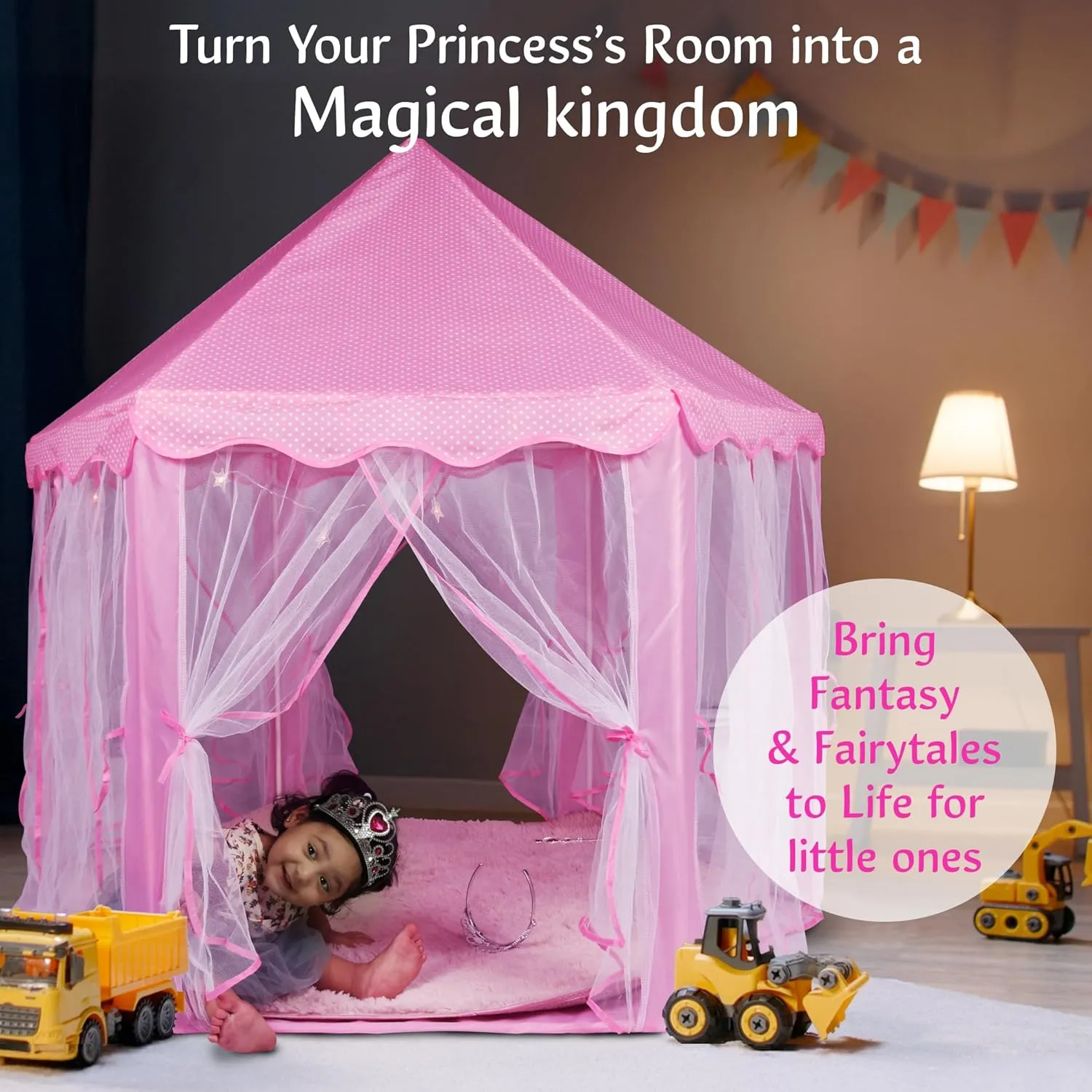 Princess Castle Play Tent for Girls - Large 55'' x 53'' Playhouse with Star Lights for Indoor and Outdoor Play with Lights, Crowns, Wands, and Rug (Pink, 55x53 Inch)
