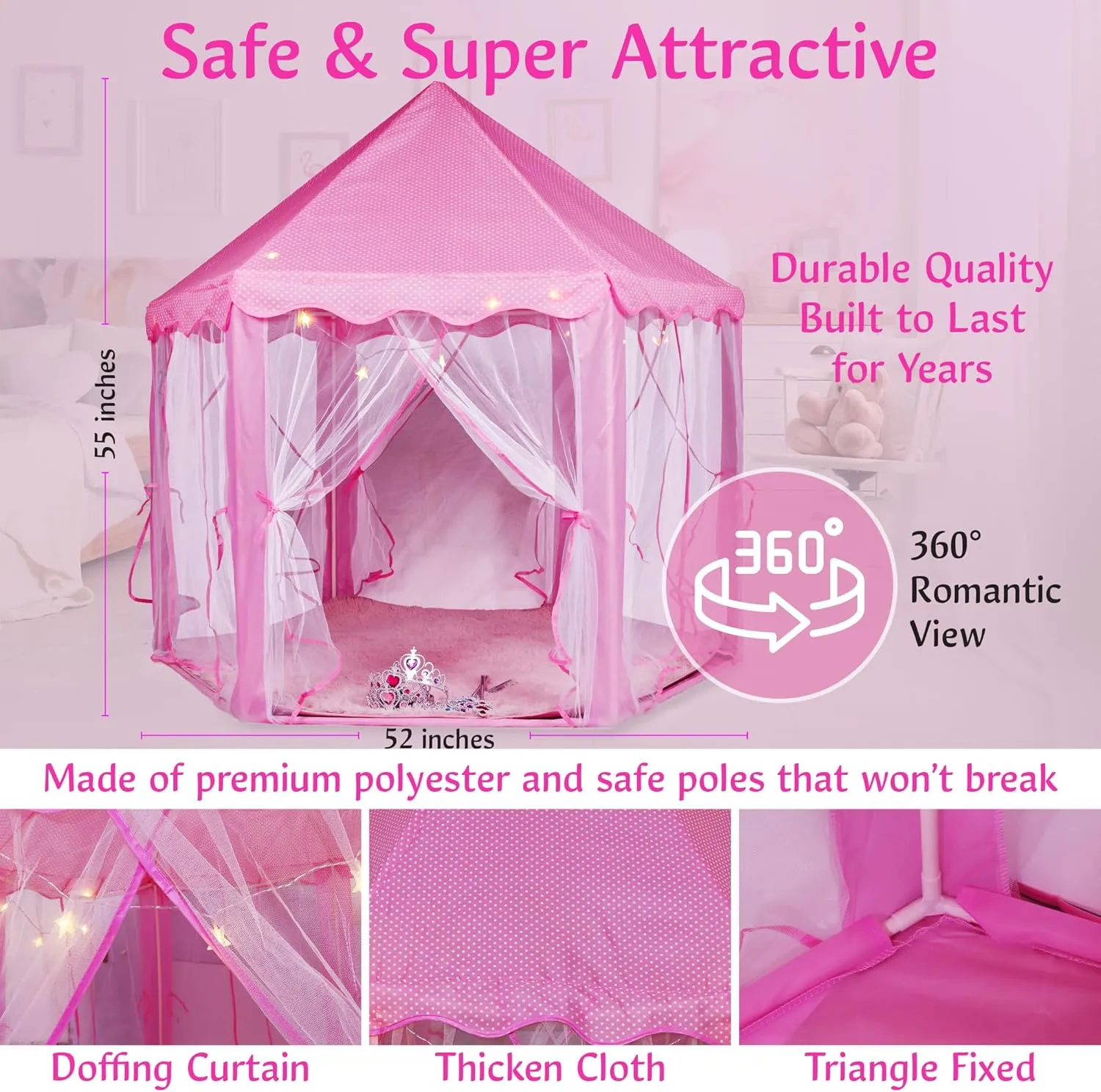 Princess Castle Play Tent for Girls - Large 55'' x 53'' Playhouse with Star Lights for Indoor and Outdoor Play with Lights, Crowns, Wands, and Rug (Pink, 55x53 Inch)