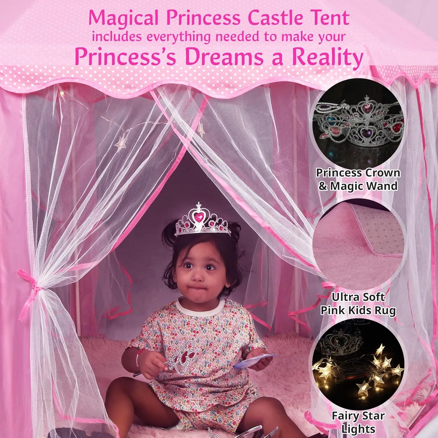Princess Castle Play Tent for Girls - Large 55'' x 53'' Playhouse with Star Lights for Indoor and Outdoor Play with Lights, Crowns, Wands, and Rug (Pink, 55x53 Inch)