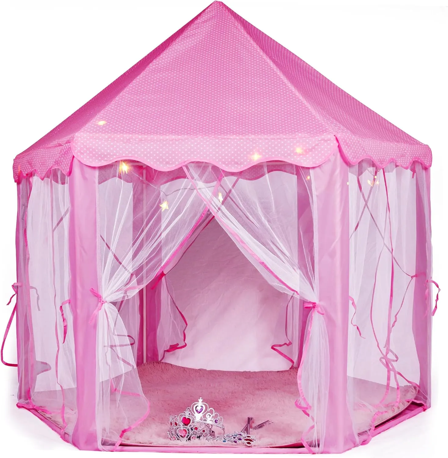 Princess Castle Play Tent for Girls - Large 55'' x 53'' Playhouse with Star Lights for Indoor and Outdoor Play with Lights, Crowns, Wands, and Rug (Pink, 55x53 Inch)