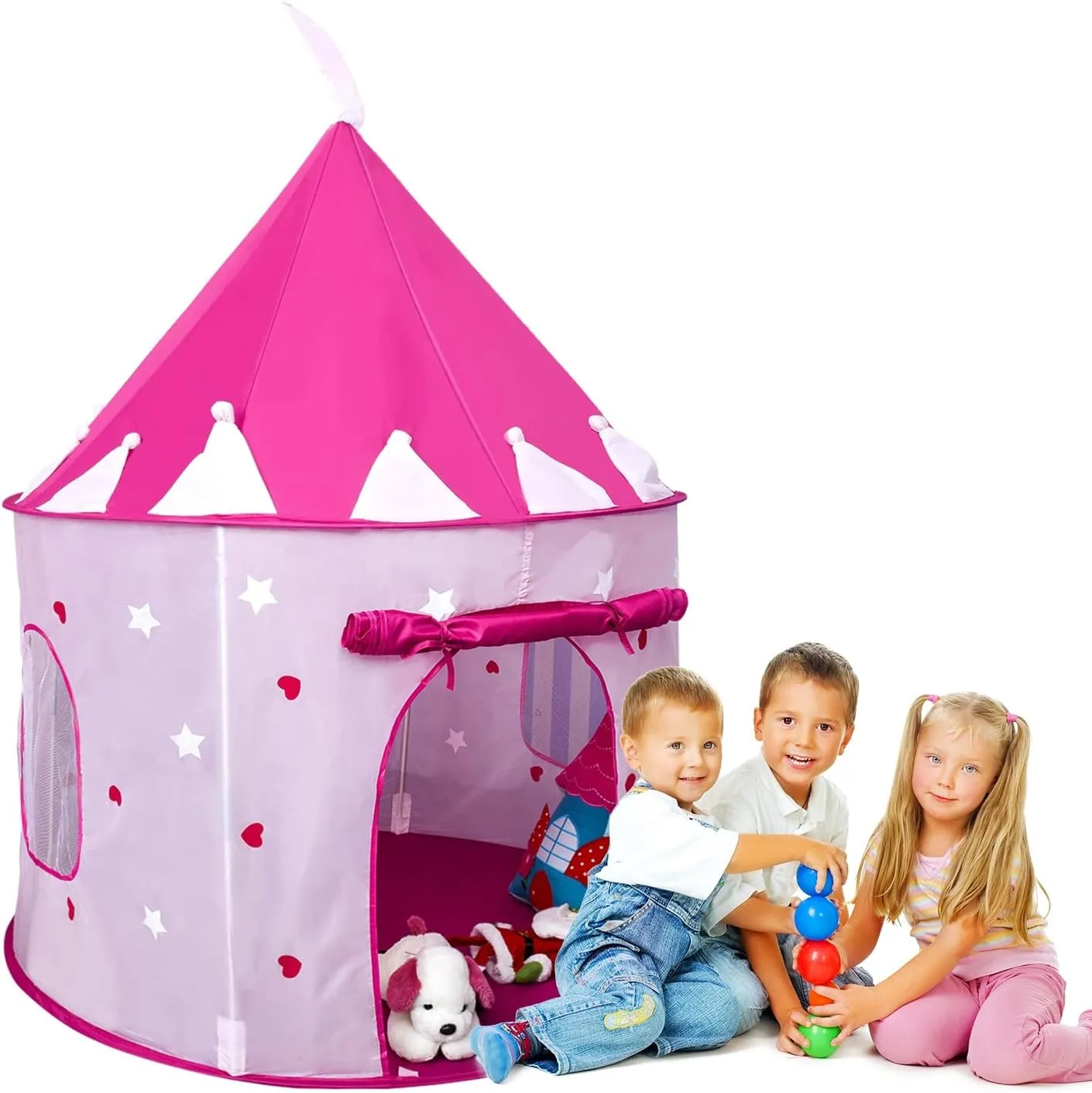 Princess Castle Play Tent with Glow in The Dark Stars Foldable Pop Up Pink Play Tent/House Toy for Indoor Kids Tent & Outdoor Children Tent Girls Gifts