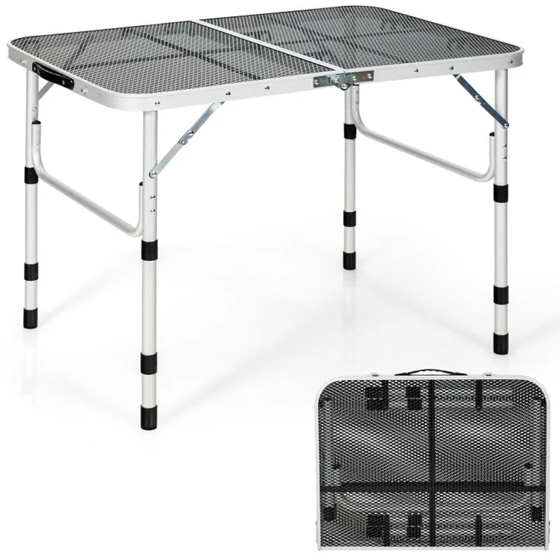 Professional title: "Silver Aluminum Grill Table with Iron Mesh Top"