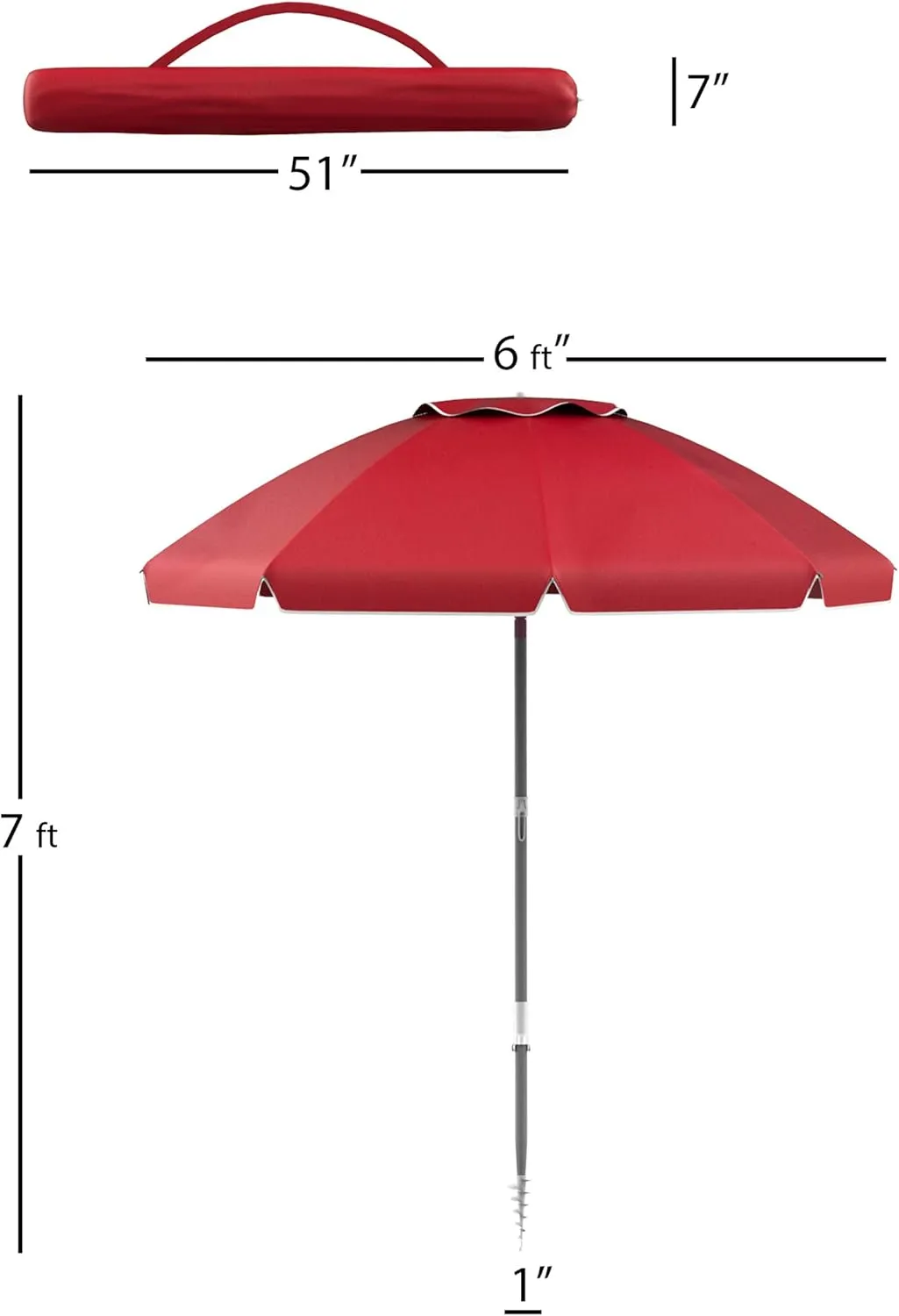 Pure Garden Beach Umbrella with 360 Degree Tilt- Portable Outdoor Sun Shade Canopy with UV Protection, Sand Anchor, Carrying Case (7 Ft, Red)