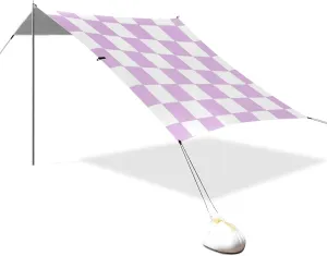 Purple and White American Plaid Designed UPF50 Beach Tent Waterproof Large Portable Sun Shelter with Sand Pockets for Family Trips, Picnics & Camping Sombra para Playa