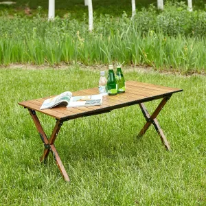 QMIT 3FT Folding Outdoor Portable Table,Lightweight Aluminum Roll-up Foldable Picnic Table for Indoor, Outdoor Camping, Picnics,Beach,Backyard, BBQ, Party, Patio, Brown