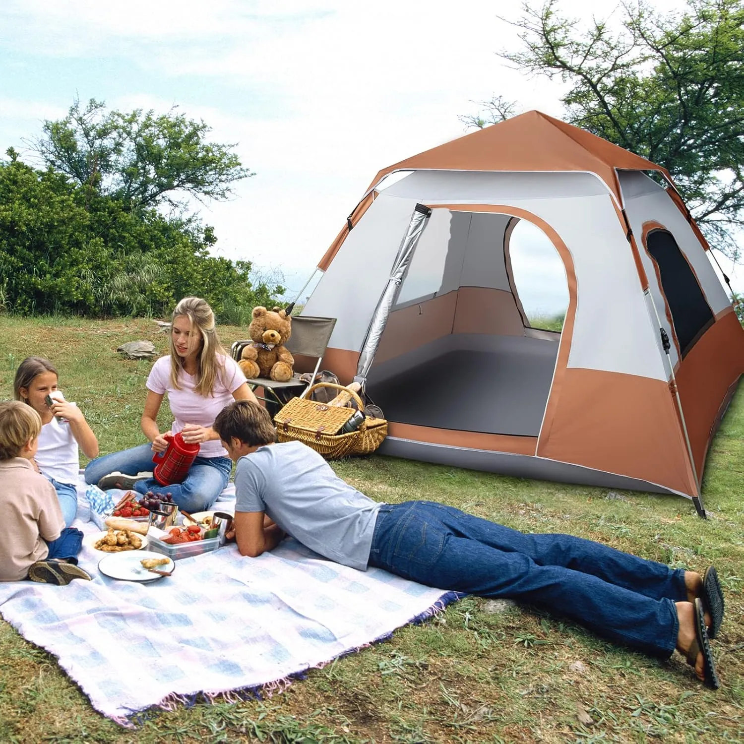 Quick Opening Four-Person Family Tent Camping Tent Brown