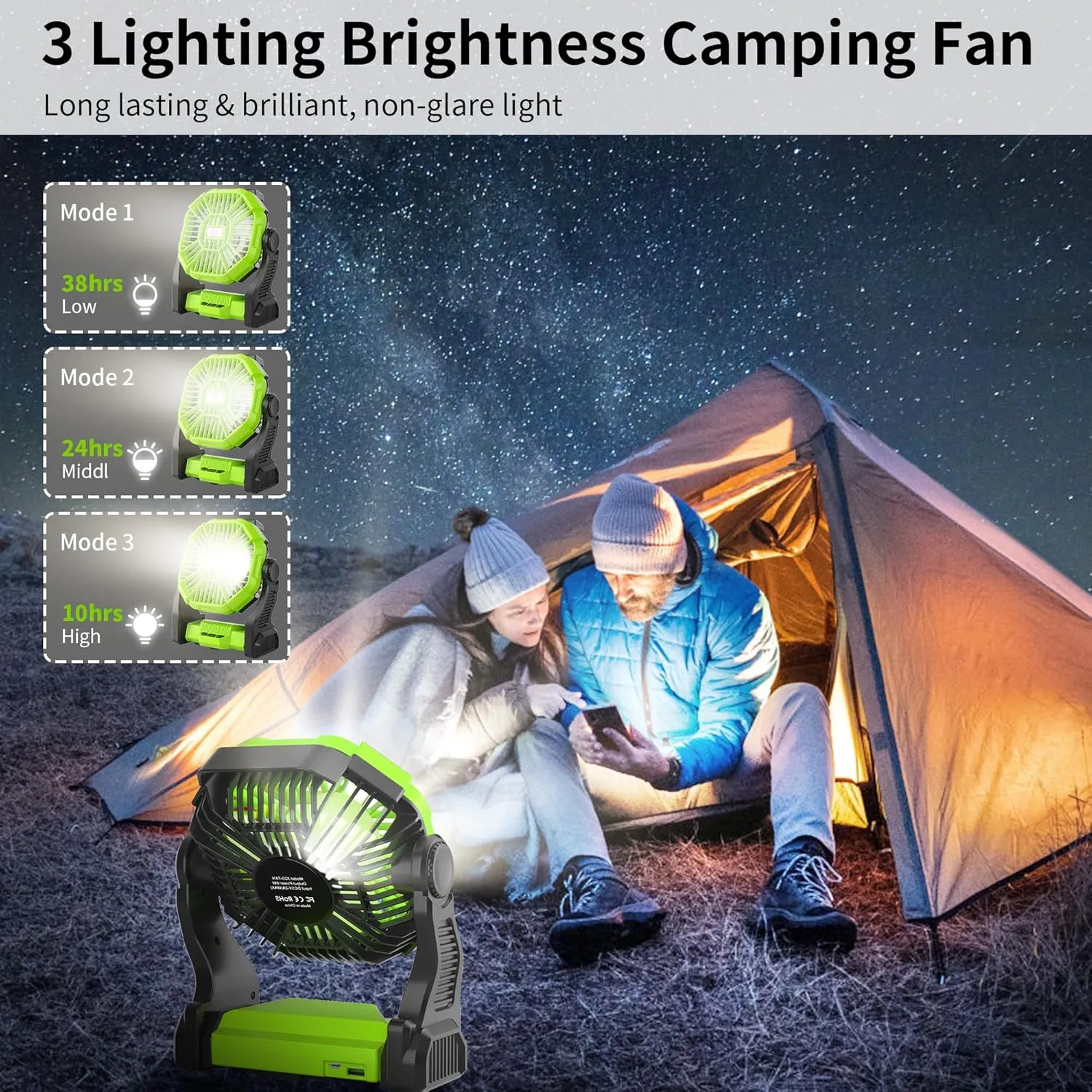 Rechargeable Portable Camping Fan for Tent with LED Light, 270°Pivot USB Personal Battery Powered Fan Outdoor Camping Essentials Battery Operated Portable for Travel X23 Green