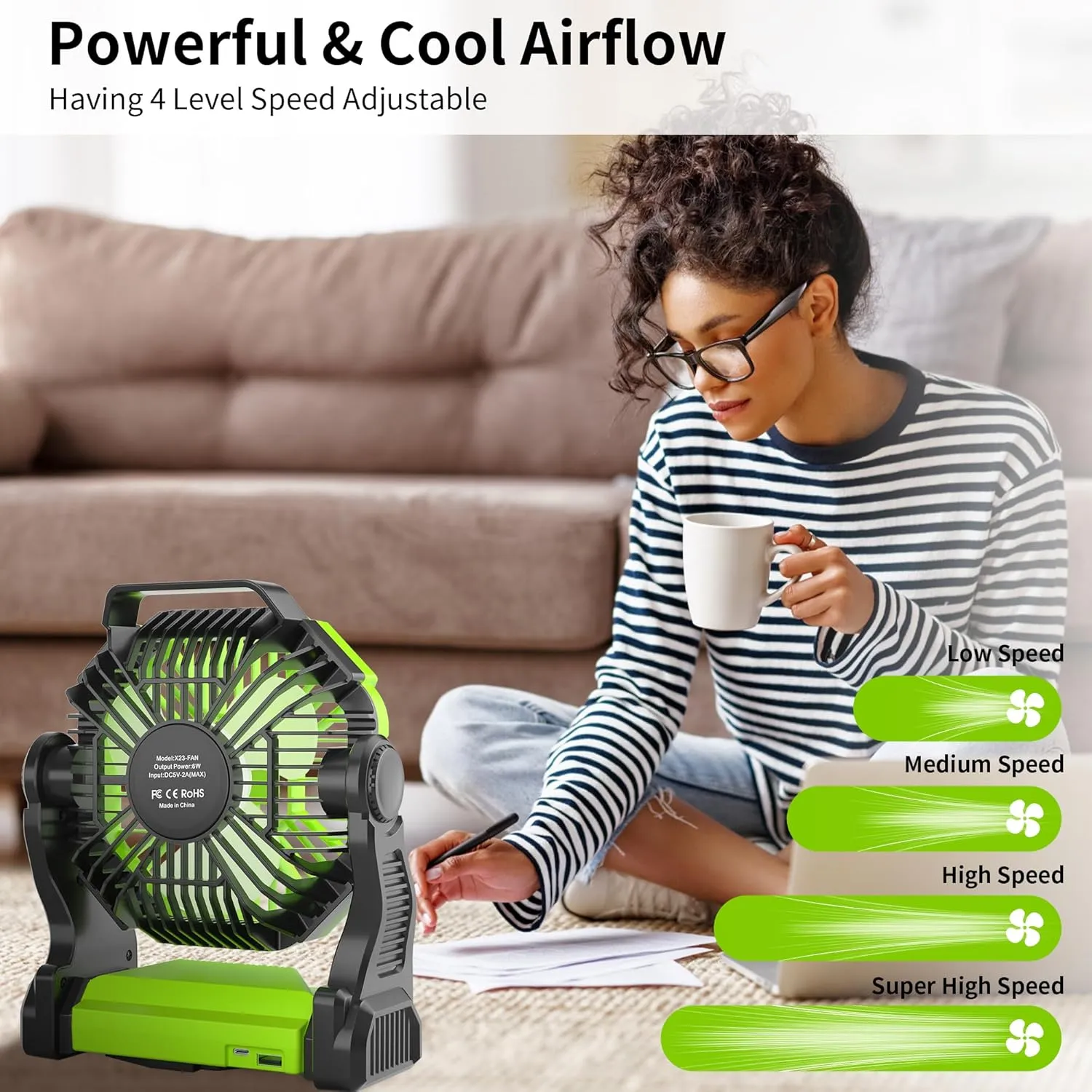 Rechargeable Portable Camping Fan for Tent with LED Light, 270°Pivot USB Personal Battery Powered Fan Outdoor Camping Essentials Battery Operated Portable for Travel X23 Green
