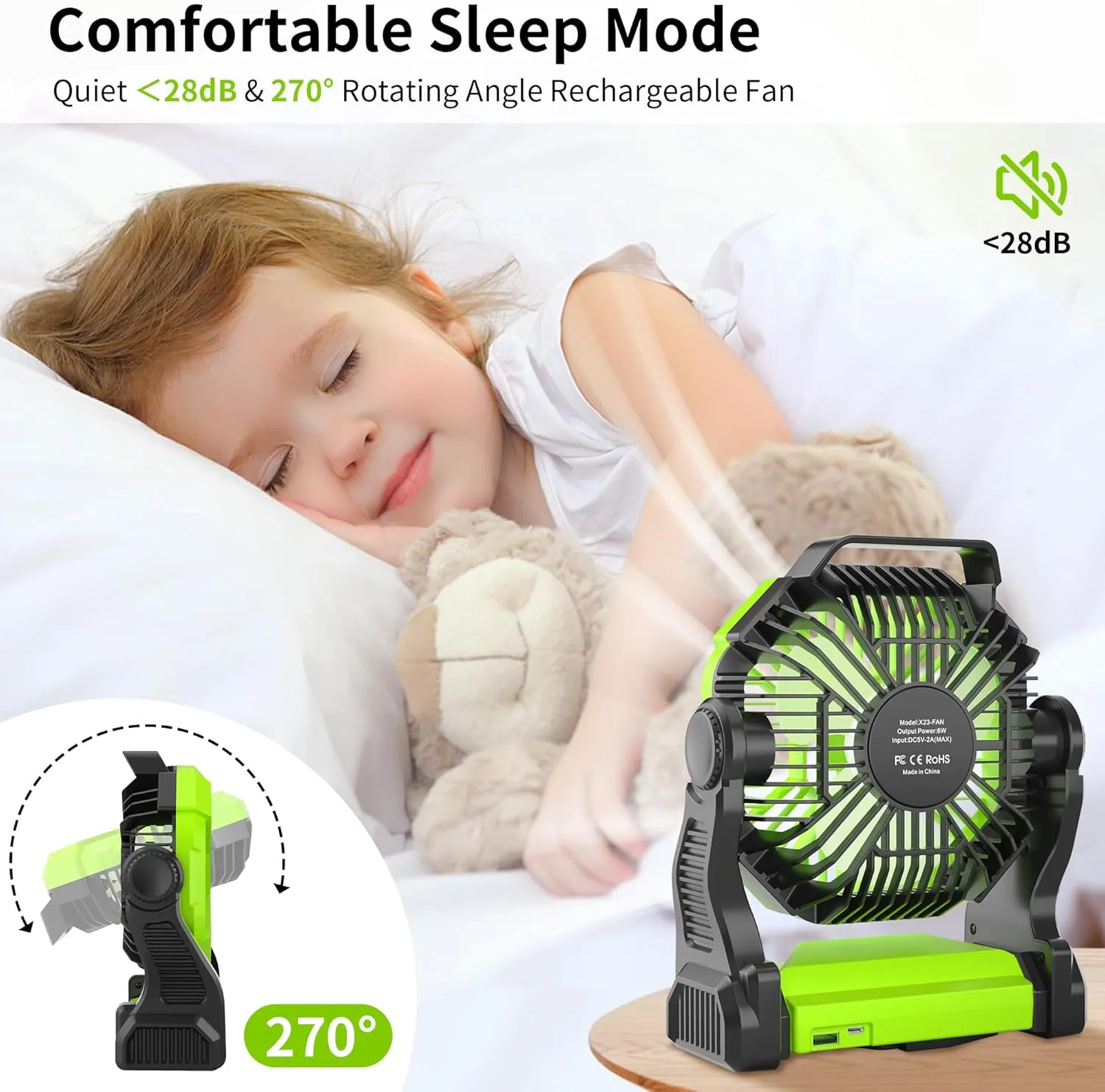 Rechargeable Portable Camping Fan for Tent with LED Light, 270°Pivot USB Personal Battery Powered Fan Outdoor Camping Essentials Battery Operated Portable for Travel X23 Green