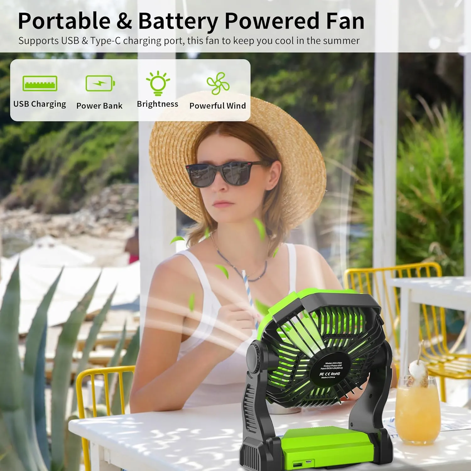 Rechargeable Portable Camping Fan for Tent with LED Light, 270°Pivot USB Personal Battery Powered Fan Outdoor Camping Essentials Battery Operated Portable for Travel X23 Green