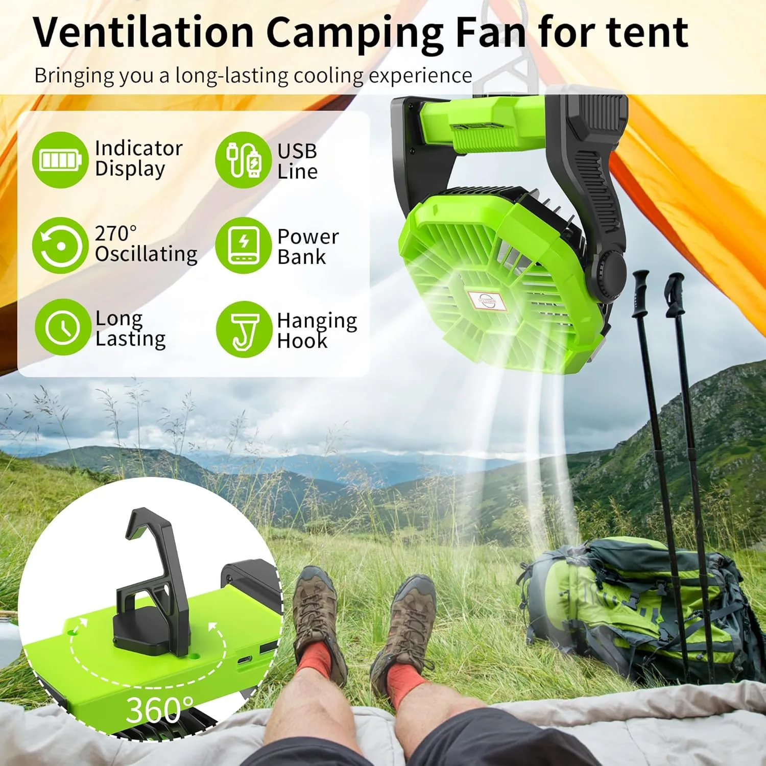 Rechargeable Portable Camping Fan for Tent with LED Light, 270°Pivot USB Personal Battery Powered Fan Outdoor Camping Essentials Battery Operated Portable for Travel X23 Green