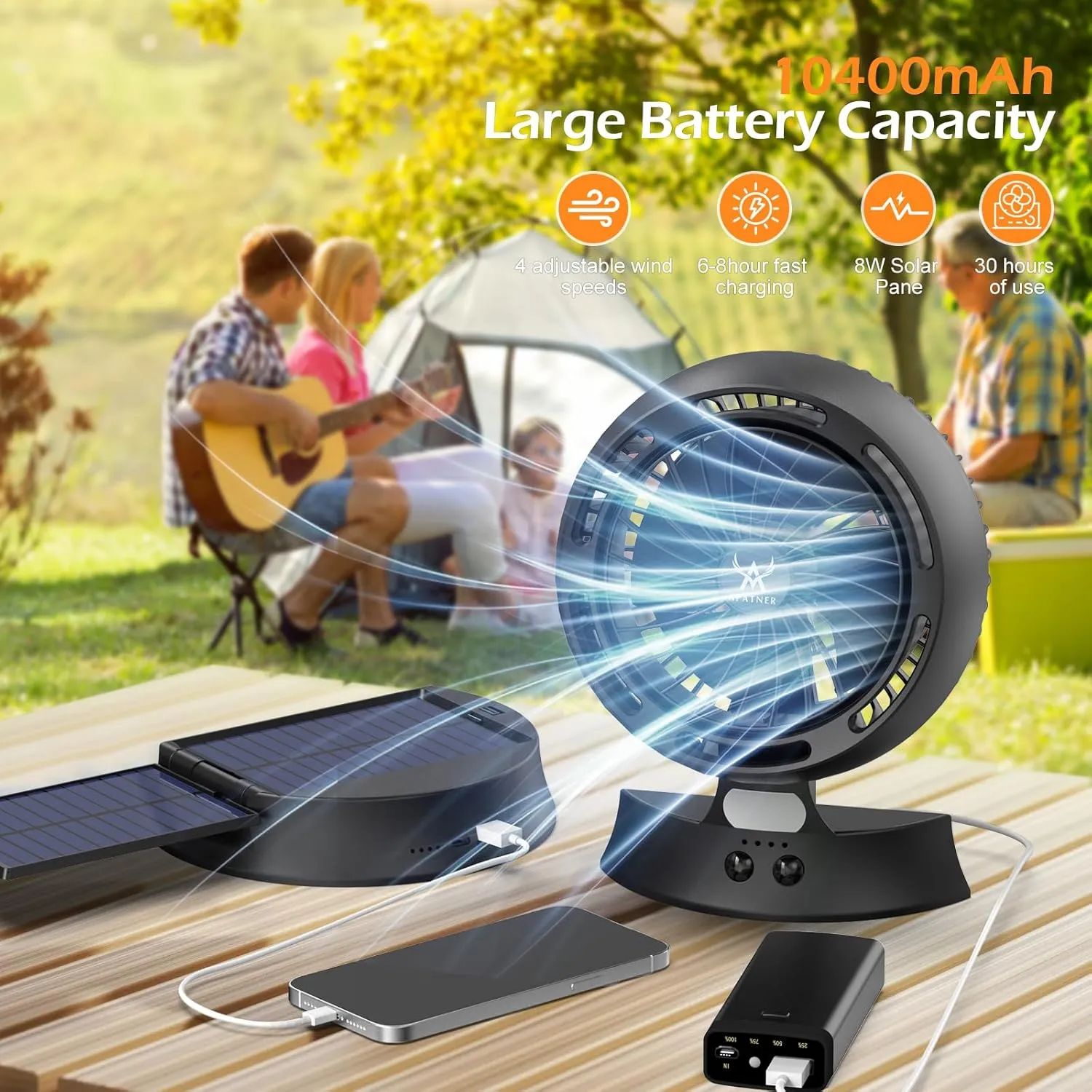 Rechargeable Solar Fan Outdoor for Camping - 10400mAh Battery Operated Fans Solar Portable Tent Fan for Greenhouse,LED Lantern,4 Speeds with PowerBank for Car,Ship,Carnival