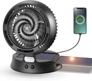Rechargeable Solar Fan Outdoor for Camping - 10400mAh Battery Operated Fans Solar Portable Tent Fan for Greenhouse,LED Lantern,4 Speeds with PowerBank for Car,Ship,Carnival