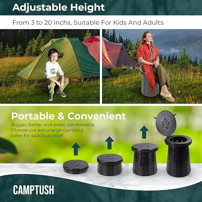 Retractable Portable Toilet for Camping - Large & Height Adjustable - Foldable Camping Toilet for Hiking/Travel | Portable Potty for Adults, Kids and Outdoor Car Camp