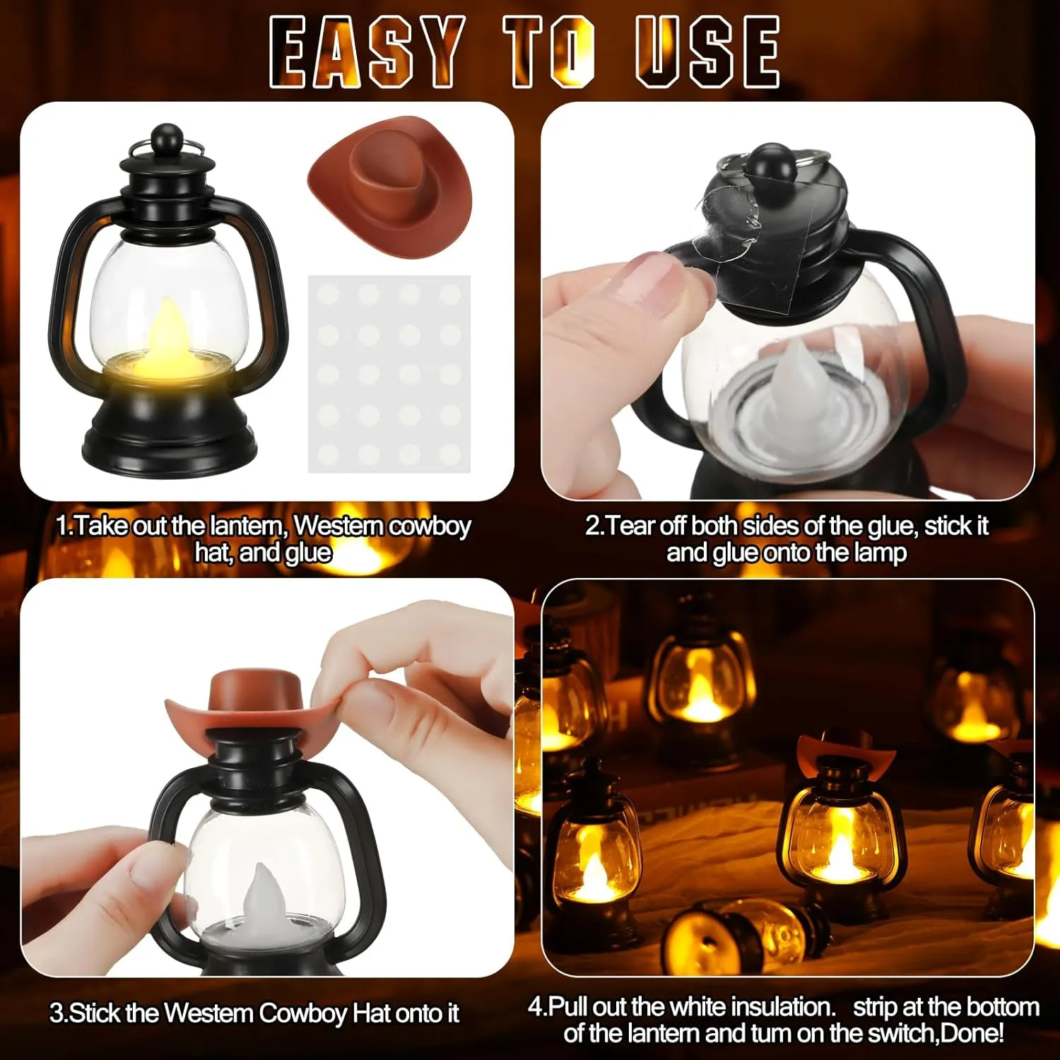 ROCEEI 48 Pieces Cowboy Hats Mini Lantern Western Cowgirl Small Lantern Decoration Retro Tiny Lamp with LED Candle Hanging Table Centerpieces Decor for Wedding Birthday Party Favor (Brown)