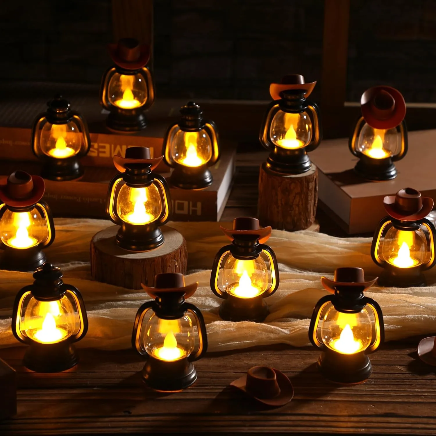 ROCEEI 48 Pieces Cowboy Hats Mini Lantern Western Cowgirl Small Lantern Decoration Retro Tiny Lamp with LED Candle Hanging Table Centerpieces Decor for Wedding Birthday Party Favor (Brown)