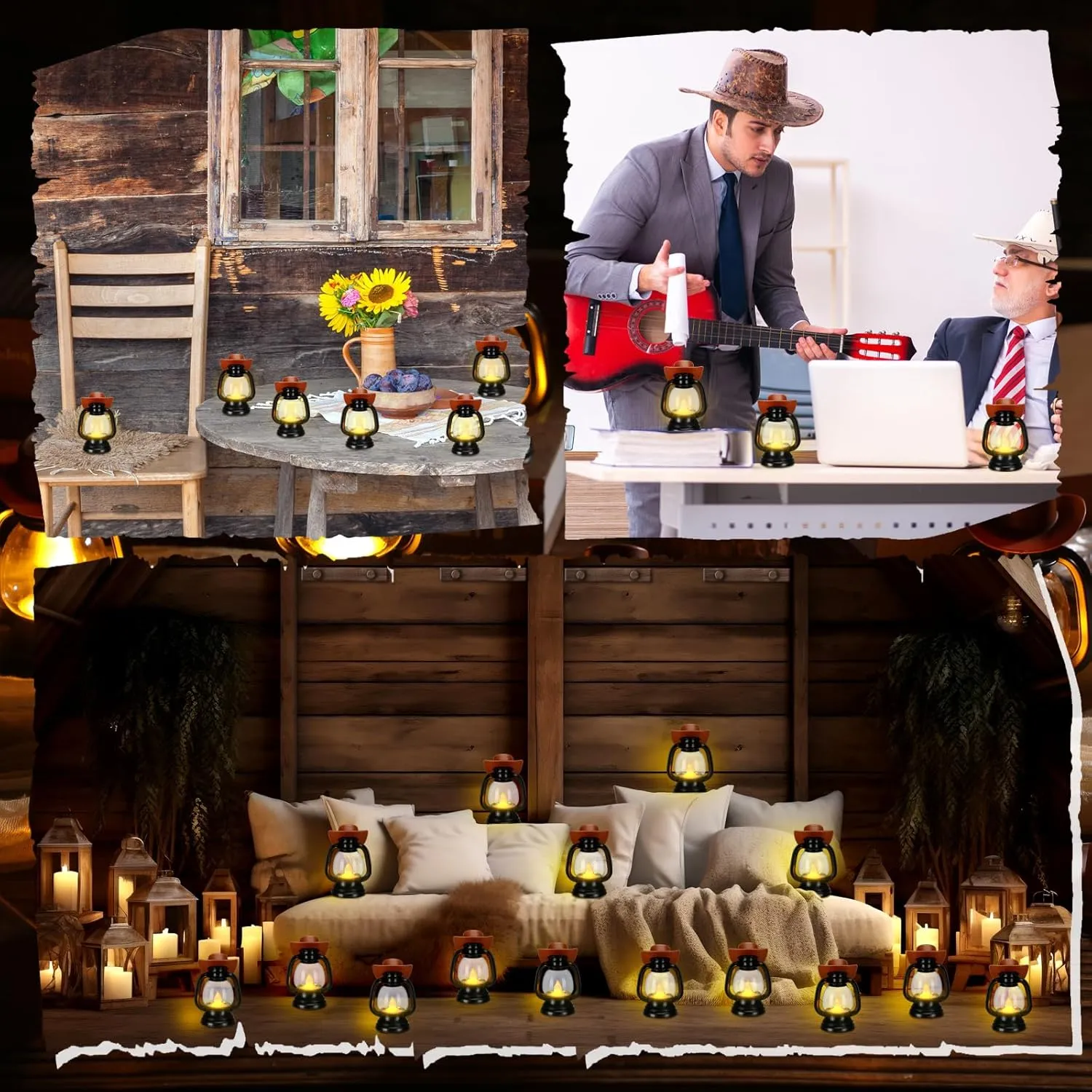 ROCEEI 48 Pieces Cowboy Hats Mini Lantern Western Cowgirl Small Lantern Decoration Retro Tiny Lamp with LED Candle Hanging Table Centerpieces Decor for Wedding Birthday Party Favor (Brown)
