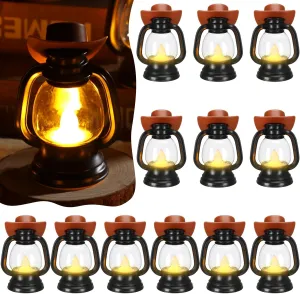 ROCEEI 48 Pieces Cowboy Hats Mini Lantern Western Cowgirl Small Lantern Decoration Retro Tiny Lamp with LED Candle Hanging Table Centerpieces Decor for Wedding Birthday Party Favor (Brown)